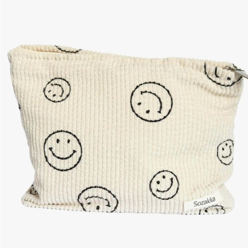 Corduroy Smiley Face Large Makeup Pouch Bag